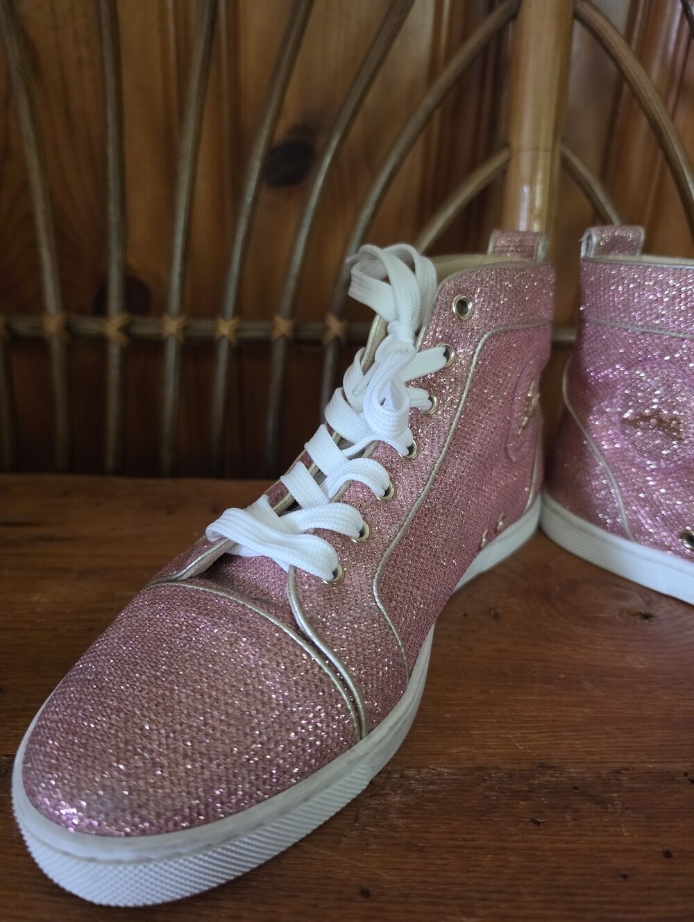 Christian Louboutin Sparkly Pink High Top Sneakers with Hot Pink Laces - Picture 6 of 16